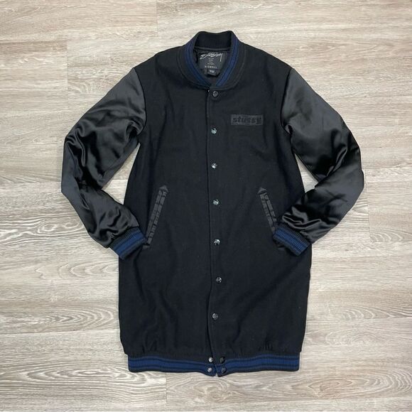 Stussi Black Wool long varsity jacket coat sz XS - Picture 1 of 11